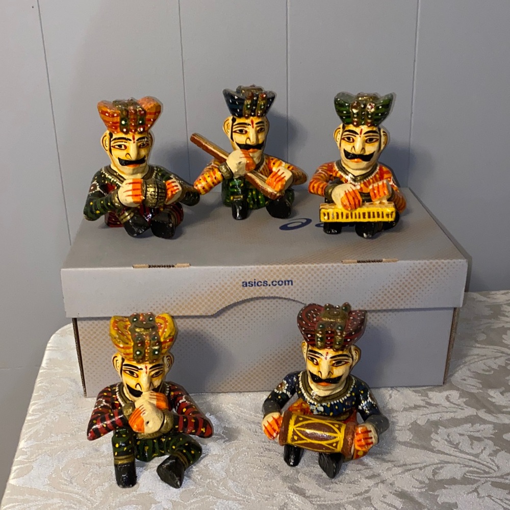 Set of 5 Folk Art Indian Hand Painted Wooden Rajasthan Musicians From New Delhi